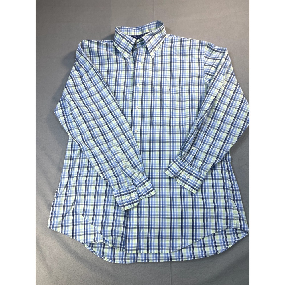 Tommy Hilfiger Shirt L 16 Mens Blue Green Black Check Long Sleeve Button Up